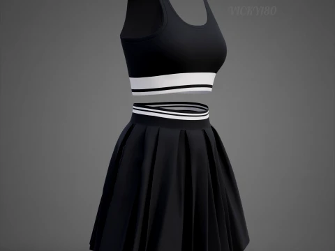 Black and White Sports Wear Tennis Outfit Set Sports Bra Tank Top with Pleated Mini Skirt Clothing 3D Model
