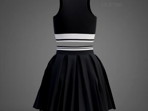 Black and White Sports Wear Tennis Outfit Set Sports Bra Tank Top with Pleated Mini Skirt Clothing 3D Model