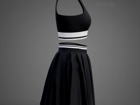 Black and White Sports Wear Tennis Outfit Set Sports Bra Tank Top with Pleated Mini Skirt Clothing 3D Model