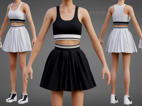 Black and White Sports Wear Tennis Outfit Set Sports Bra Tank Top with Pleated Mini Skirt Clothing 3D Model
