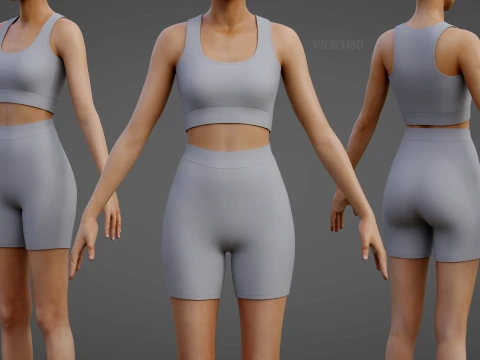 Womens 2 Piece Workout Set - Tank Top High Waisted Biker Shorts Yoga Outfit Clothing 3D Model