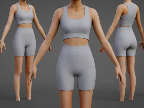 Womens 2 Piece Workout Set - Tank Top High Waisted Biker Shorts Yoga Outfit Clothing 3D Model