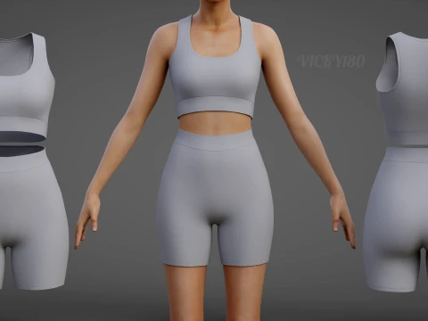 Womens 2 Piece Workout Set - Tank Top High Waisted Biker Shorts Yoga Outfit Clothing 3D Model