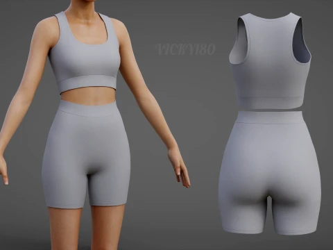 Womens 2 Piece Workout Set - Tank Top High Waisted Biker Shorts Yoga Outfit Clothing 3D Model