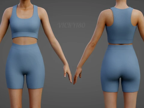 Womens Two Piece Yoga Set - Crop Top Biker Shorts Sportswear Outfit Clothing 3D Model