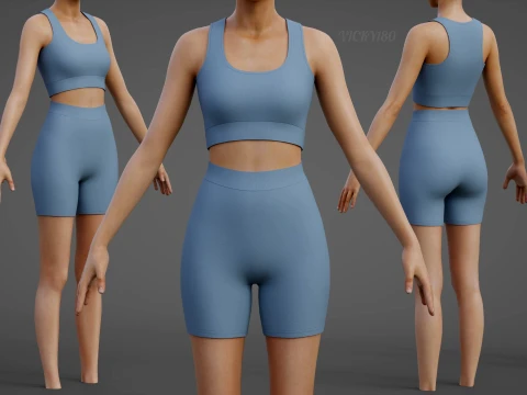 Womens Two Piece Yoga Set - Crop Top Biker Shorts Sportswear Outfit Clothing 3D Model