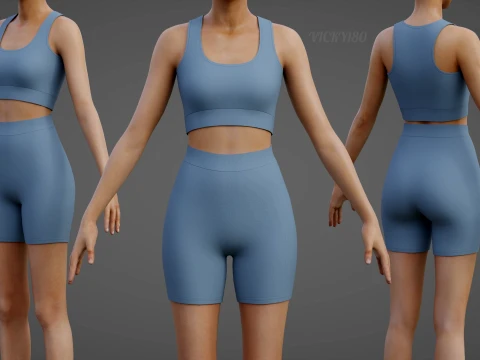 Womens Two Piece Yoga Set - Crop Top Biker Shorts Sportswear Outfit Clothing 3D Model