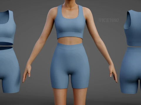 Womens Two Piece Yoga Set - Crop Top Biker Shorts Sportswear Outfit Clothing 3D Model