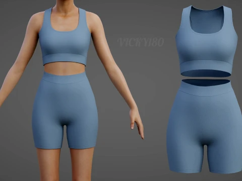 Womens Two Piece Yoga Set - Crop Top Biker Shorts Sportswear Outfit Clothing 3D Model