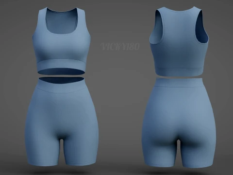 Womens Two Piece Yoga Set - Crop Top Biker Shorts Sportswear Outfit Clothing 3D Model