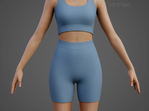 Womens Two Piece Yoga Set - Crop Top Biker Shorts Sportswear Outfit Clothing 3D Model