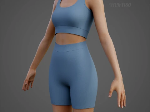 Womens Two Piece Yoga Set - Crop Top Biker Shorts Sportswear Outfit Clothing 3D Model