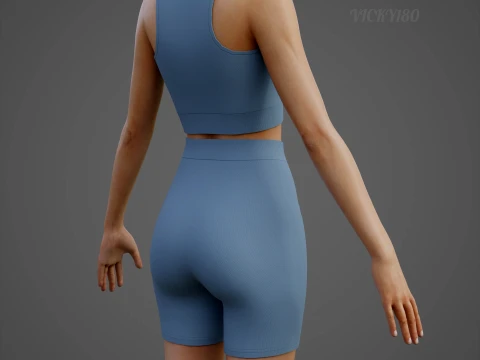 Womens Two Piece Yoga Set - Crop Top Biker Shorts Sportswear Outfit Clothing 3D Model
