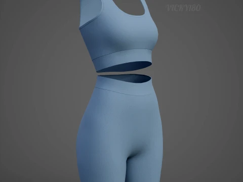 Womens Two Piece Yoga Set - Crop Top Biker Shorts Sportswear Outfit Clothing 3D Model