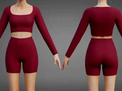 Square Neck Crop Top and Yoga Shorts Workout Outfit - Two Piece Sportswear Clothing 3D Model
