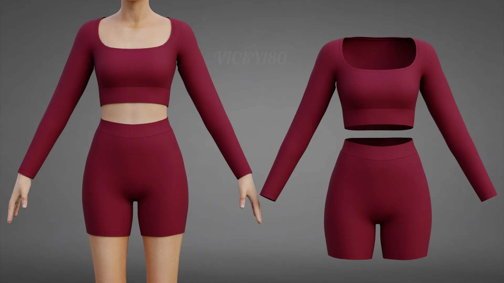 Square Neck Crop Top and Yoga Shorts Workout Outfit - Two Piece Sportswear Clothing 3D Model .c4d .max .obj .3ds .fbx .stl .blend 