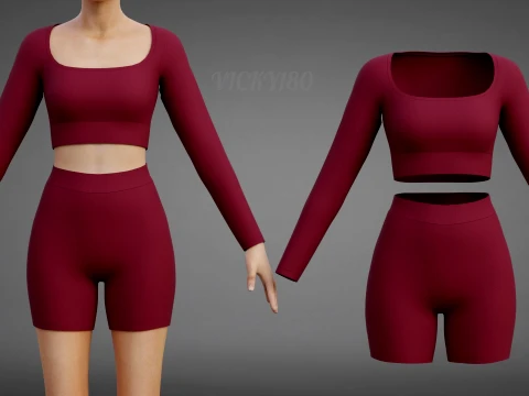 Square Neck Crop Top and Yoga Shorts Workout Outfit - Two Piece Sportswear Clothing 3D Model