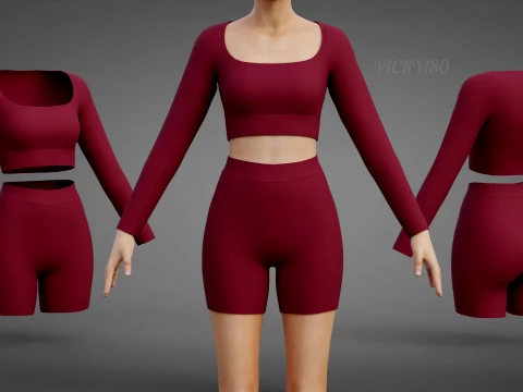 Square Neck Crop Top and Yoga Shorts Workout Outfit - Two Piece Sportswear Clothing 3D Model