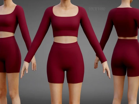 Square Neck Crop Top and Yoga Shorts Workout Outfit - Two Piece Sportswear Clothing 3D Model