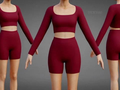 Square Neck Crop Top and Yoga Shorts Workout Outfit - Two Piece Sportswear Clothing 3D Model