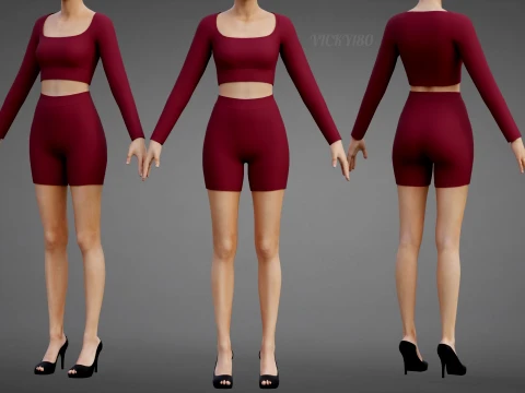Square Neck Crop Top and Yoga Shorts Workout Outfit - Two Piece Sportswear Clothing 3D Model