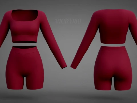 Square Neck Crop Top and Yoga Shorts Workout Outfit - Two Piece Sportswear Clothing 3D Model