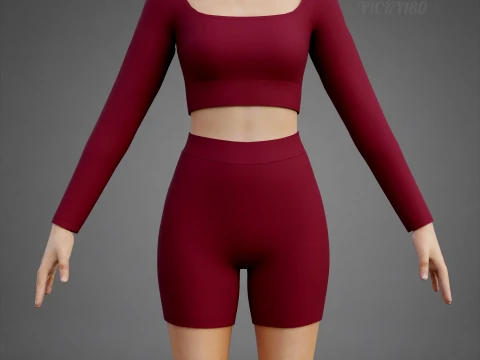 Square Neck Crop Top and Yoga Shorts Workout Outfit - Two Piece Sportswear Clothing 3D Model
