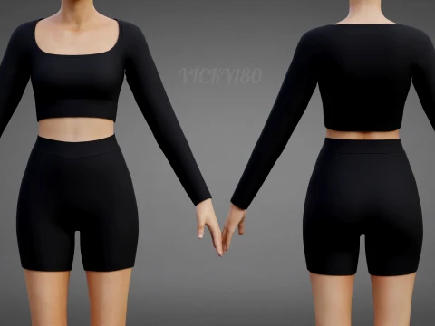 Womens Two Piece Workout Matching Set 3D Clothing - Crop Top Biker Shorts Athleisure Outfit 3D Model