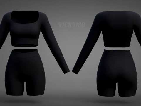 Set coordinato da allenamento in due pezzi da donna, abbigliamento 3D, top corto, pantaloncini da motociclista, outfit athleisure Modello 3D