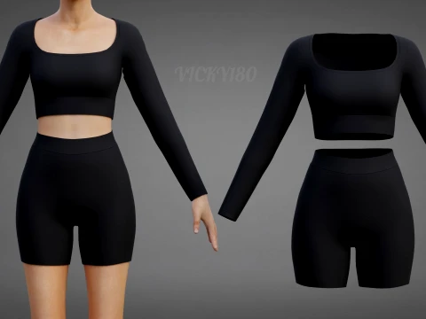 Set coordinato da allenamento in due pezzi da donna, abbigliamento 3D, top corto, pantaloncini da motociclista, outfit athleisure Modello 3D