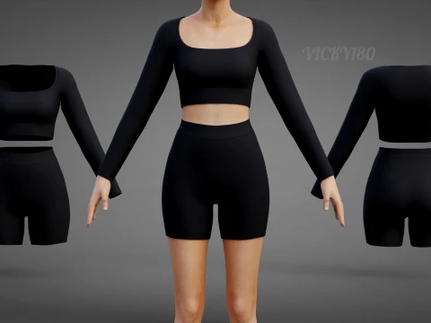 Set coordinato da allenamento in due pezzi da donna, abbigliamento 3D, top corto, pantaloncini da motociclista, outfit athleisure Modello 3D