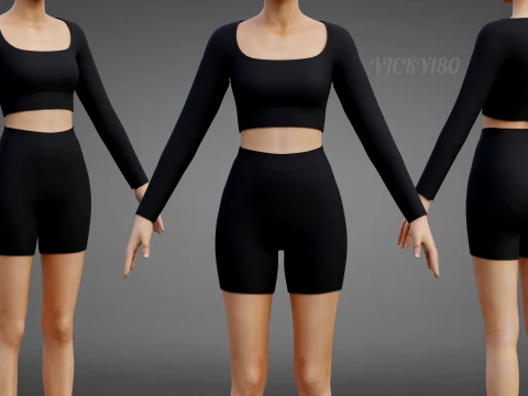 Set coordinato da allenamento in due pezzi da donna, abbigliamento 3D, top corto, pantaloncini da motociclista, outfit athleisure Modello 3D