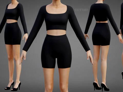 Set coordinato da allenamento in due pezzi da donna, abbigliamento 3D, top corto, pantaloncini da motociclista, outfit athleisure Modello 3D
