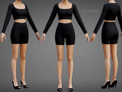 Set coordinato da allenamento in due pezzi da donna, abbigliamento 3D, top corto, pantaloncini da motociclista, outfit athleisure Modello 3D