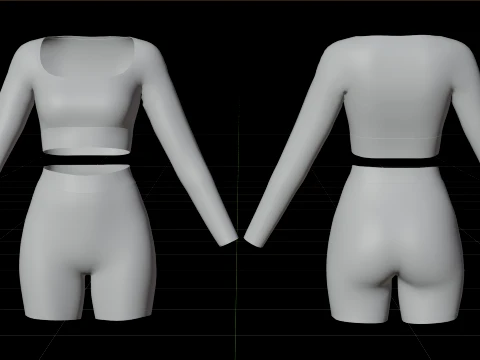 Set coordinato da allenamento in due pezzi da donna, abbigliamento 3D, top corto, pantaloncini da motociclista, outfit athleisure Modello 3D