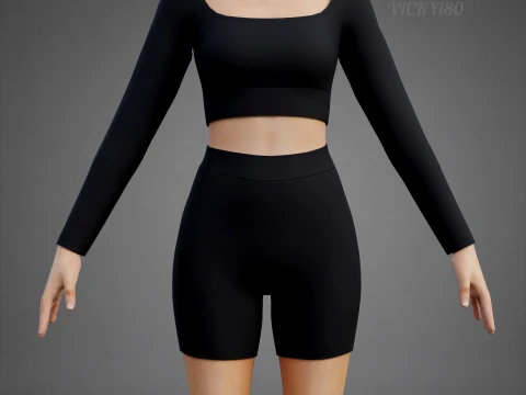 Set coordinato da allenamento in due pezzi da donna, abbigliamento 3D, top corto, pantaloncini da motociclista, outfit athleisure Modello 3D
