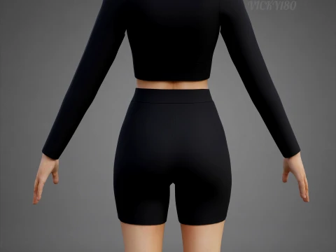 Set coordinato da allenamento in due pezzi da donna, abbigliamento 3D, top corto, pantaloncini da motociclista, outfit athleisure Modello 3D