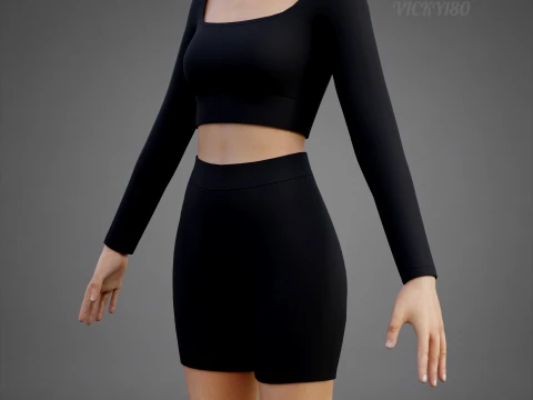 Set coordinato da allenamento in due pezzi da donna, abbigliamento 3D, top corto, pantaloncini da motociclista, outfit athleisure Modello 3D