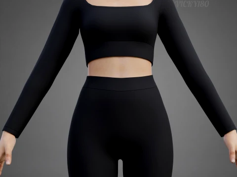 Set coordinato da allenamento in due pezzi da donna, abbigliamento 3D, top corto, pantaloncini da motociclista, outfit athleisure Modello 3D