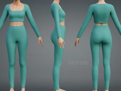 Long Sleeve Crop Top and Yoga Pants 3D Clothing - Two Piece Matching Workout Outfit 3D Model