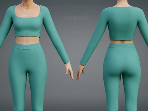 Long Sleeve Crop Top and Yoga Pants 3D Clothing - Two Piece Matching Workout Outfit 3D Model
