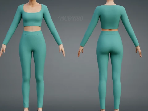 Long Sleeve Crop Top and Yoga Pants 3D Clothing - Two Piece Matching Workout Outfit 3D Model
