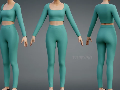 Long Sleeve Crop Top and Yoga Pants 3D Clothing - Two Piece Matching Workout Outfit 3D Model