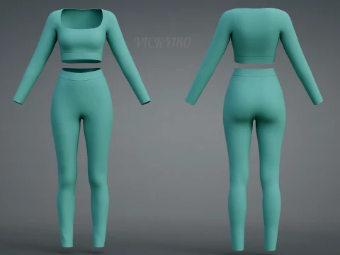 Long Sleeve Crop Top and Yoga Pants 3D Clothing - Two Piece Matching Workout Outfit 3D Model