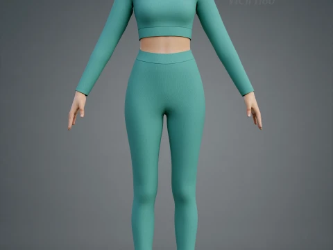 Long Sleeve Crop Top and Yoga Pants 3D Clothing - Two Piece Matching Workout Outfit 3D Model