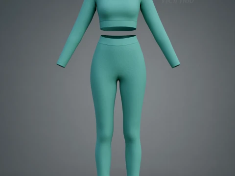 Long Sleeve Crop Top and Yoga Pants 3D Clothing - Two Piece Matching Workout Outfit 3D Model