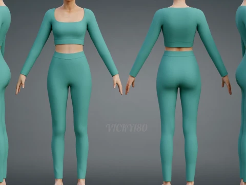 Long Sleeve Crop Top and Yoga Pants 3D Clothing - Two Piece Matching Workout Outfit 3D Model