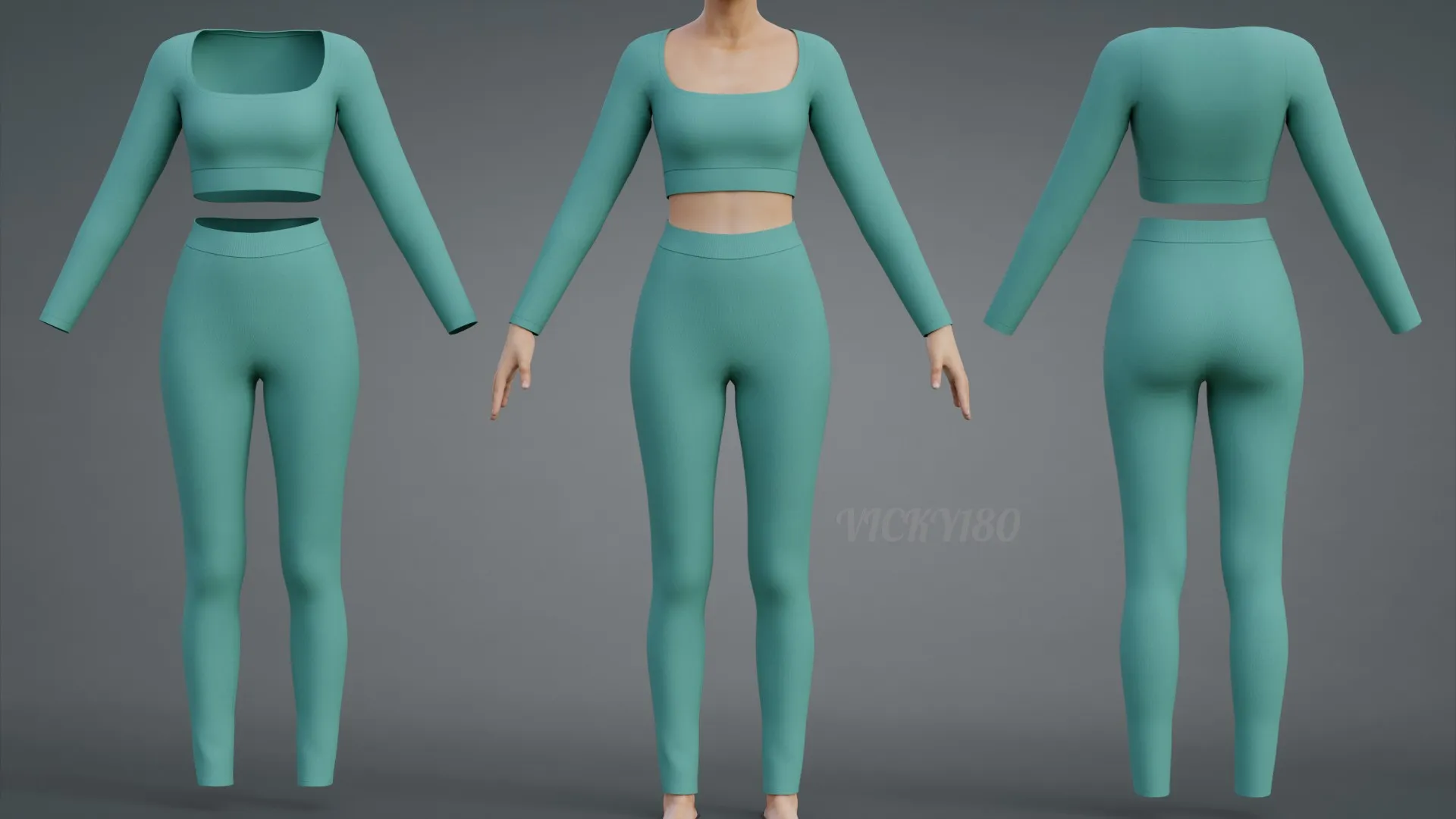 Long Sleeve Crop Top and Yoga Pants 3D Clothing - Two Piece Matching Workout Outfit 3D Model .c4d .max .obj .3ds .fbx .stl .blend 