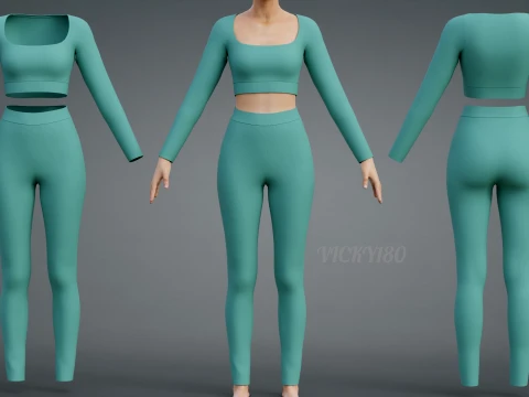 Crop top met lange mouwen en yogabroek 3D-kleding - Tweedelige bijpassende trainingsoutfit 3D Model