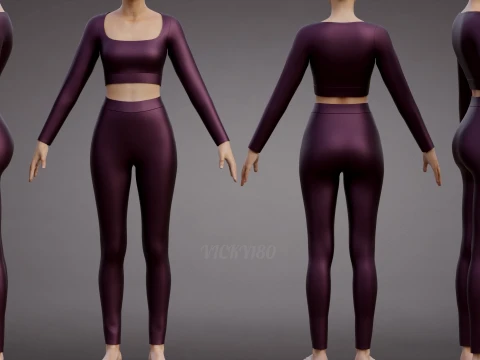 Yogatrainingsset voor dames - Geribbelde crop-top legging Outfit 3D-kleding 3D Model